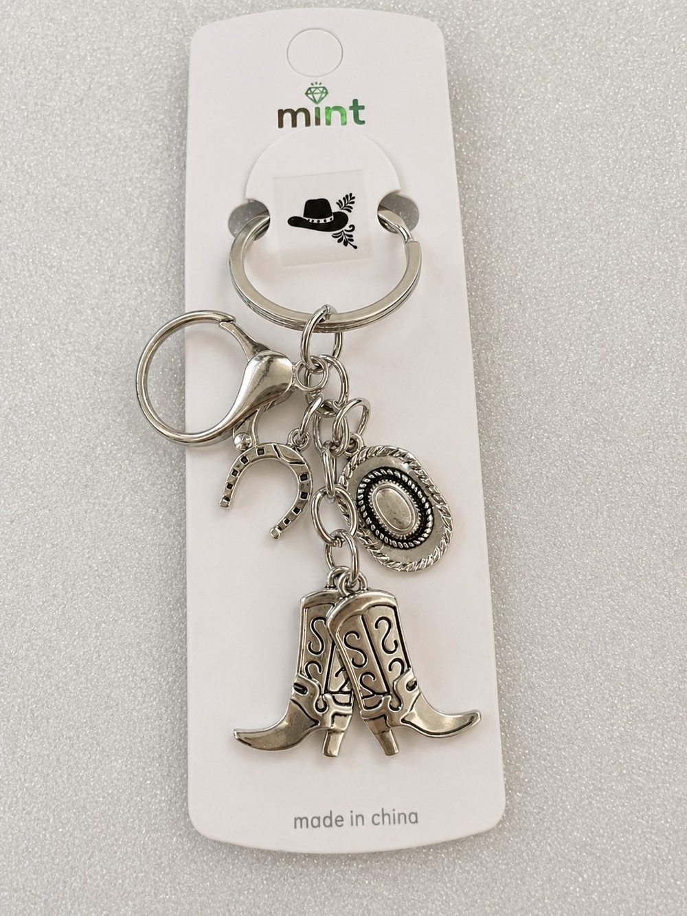 mint Silver Western Charm Keychain with Cowboy Boot, Hat and Horseshoe